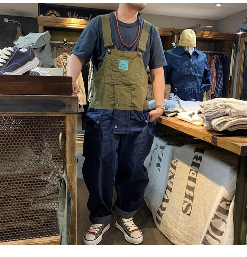 2023 summer cargo overalls pants men patchwork denim jumpsuits loose work pants solid color casual streetwear cargo trousers unique cargo style 4325