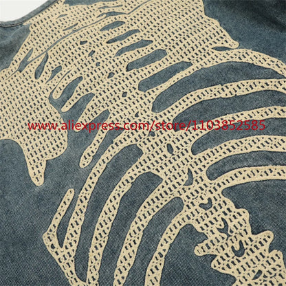 vintage mens long sleeved denim jacket high street oversized washed bone embedding tops clothing autumn winter 2024 heavyweight unique jeans style 1336