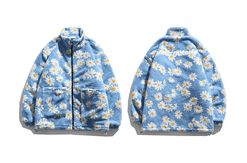 rainbowtouches cotton padded thick parkas jackets streetwear hip hop daisy print fleece warm full zip coats harajuku outwear unique default style 4413