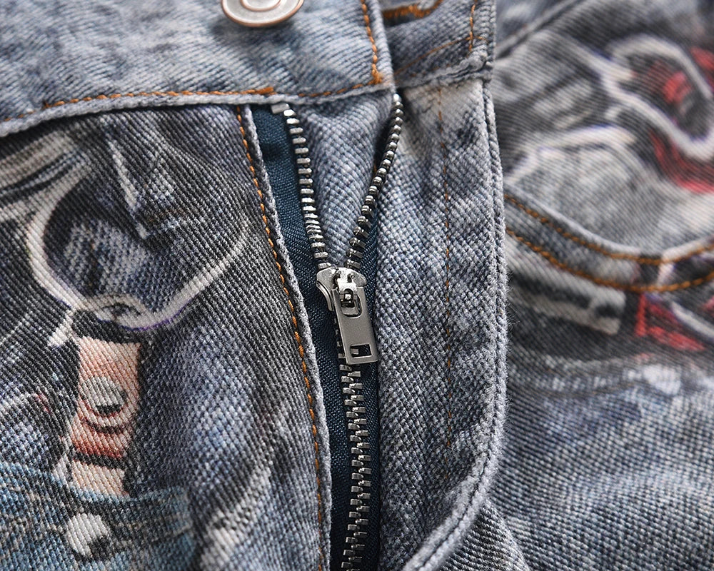high street chain print frayed washed baggy jeans for men and women y2k casual loose denim trousers ropa hombre casual pants unique jeans style 408