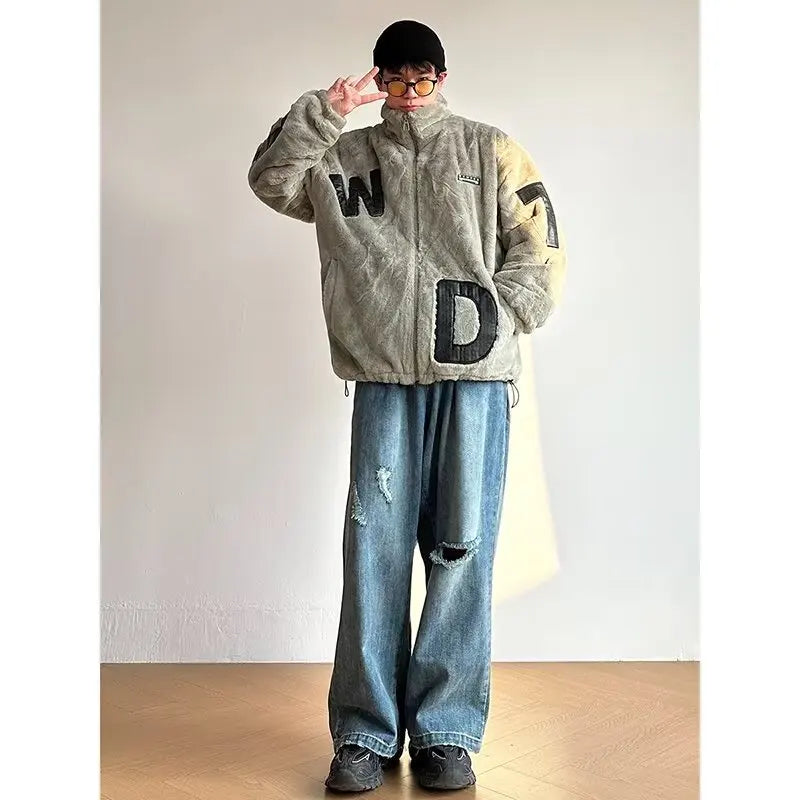 Street Lamb Wool Jacket Mens 2024 Winter Stand Collar Letter Patchwork College Parkas Fleece Warm New Thickening Couple Coats Street King Limited