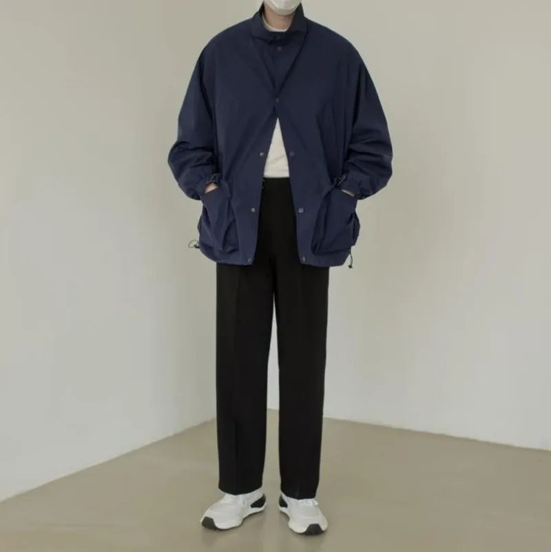 japanese spring jacket mens single breasted stand collar harajuku unisex coats solid big pocket drawstring casual men outwear unique default style 1888