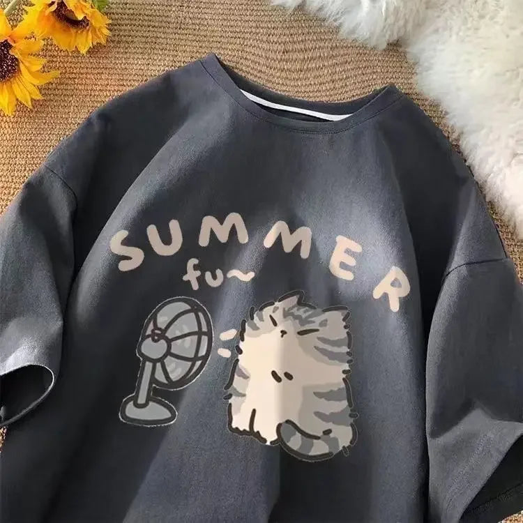 American Street Creative Blow Fan Cat Pure Cotton T-shirt for Men and Women Summer Relaxed Short Sleeve Couple Wear INS Top Street King Limited