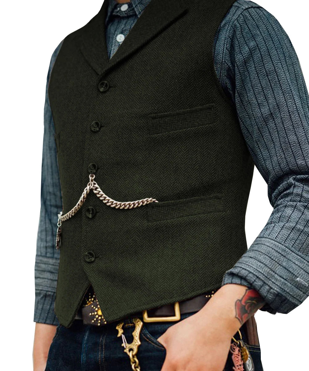 Business Mens Suit Vest Lapel V Neck Wool Herringbone Casual Brown Waistcoat Casual Formal Groomsman Jacket For Wedding Street King Limited