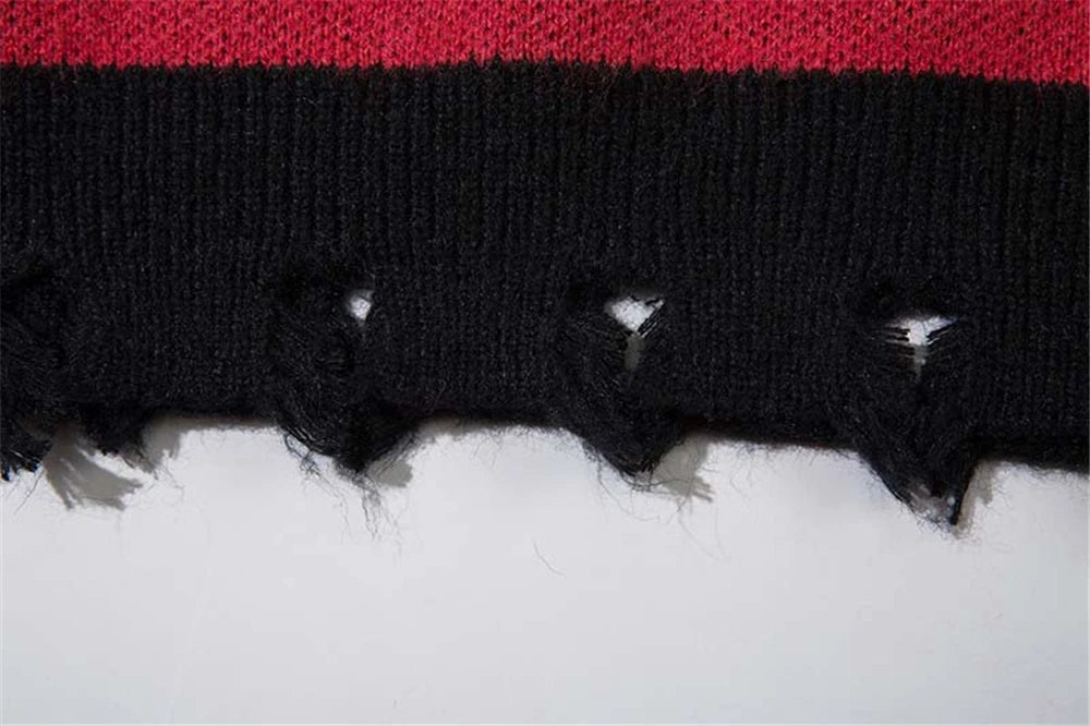 2023 Hip Hop Striped Knitted Sweater Streetwear Butterfly Graphic Distressed Ripped Pullover Men Harajuku Casual Knitwear Unisex Street King Limited