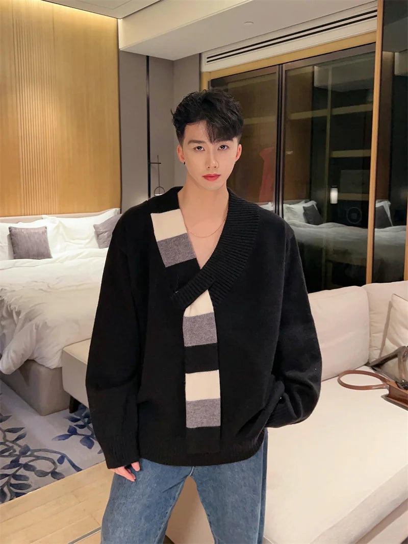 New Men's Scarf Collar Striped V-neck Sweater Female Long Sleeve Autumn Knitted Jumpers Korean Fashion Y2K Patchwork Knitwear Street King Limited