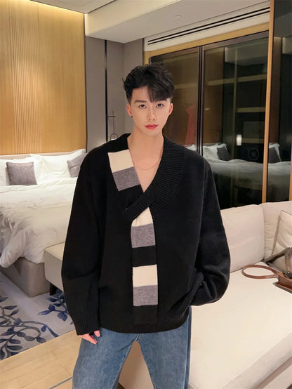 New Men's Scarf Collar Striped V-neck Sweater Female Long Sleeve Autumn Knitted Jumpers Korean Fashion Y2K Patchwork Knitwear Street King Limited