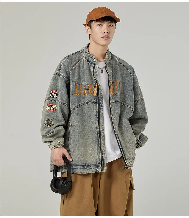 high street vintage washed denim jacket men american style embroidery label stand collar ruffian handsome motorcycle jeans coats unique jeans style 5387