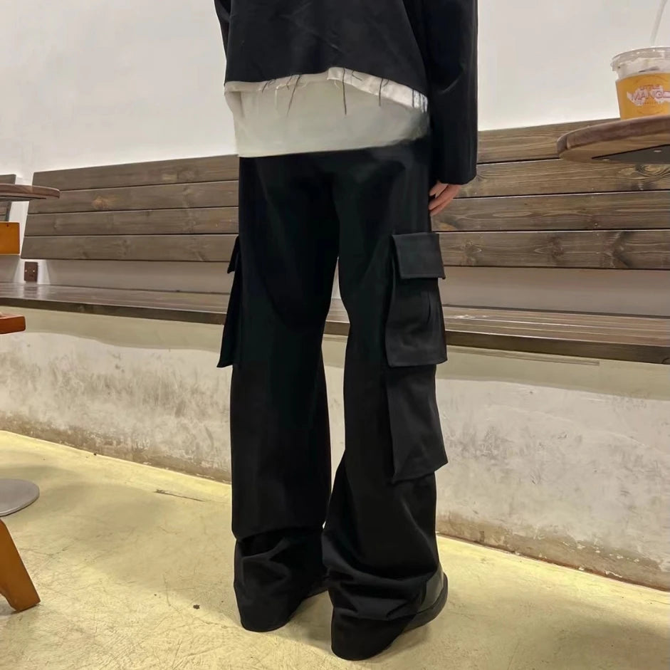 ribbons multi pockets straight black cargo drape pants for men y2k streetwear casual baggy overalls oversized casual trousers combat utility trousers