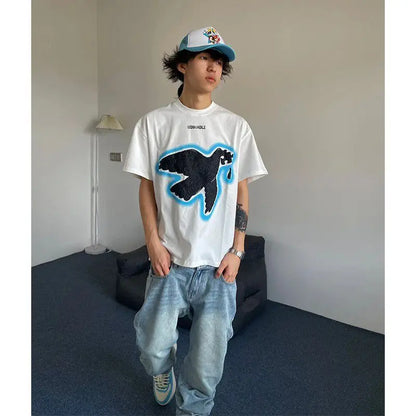 Trendy Korean Short-sleeved T-shirt for Men, Retro Street Y2K Summer Print Design, Loose Couple Round Neck Half-sleeved Top Street King Limited