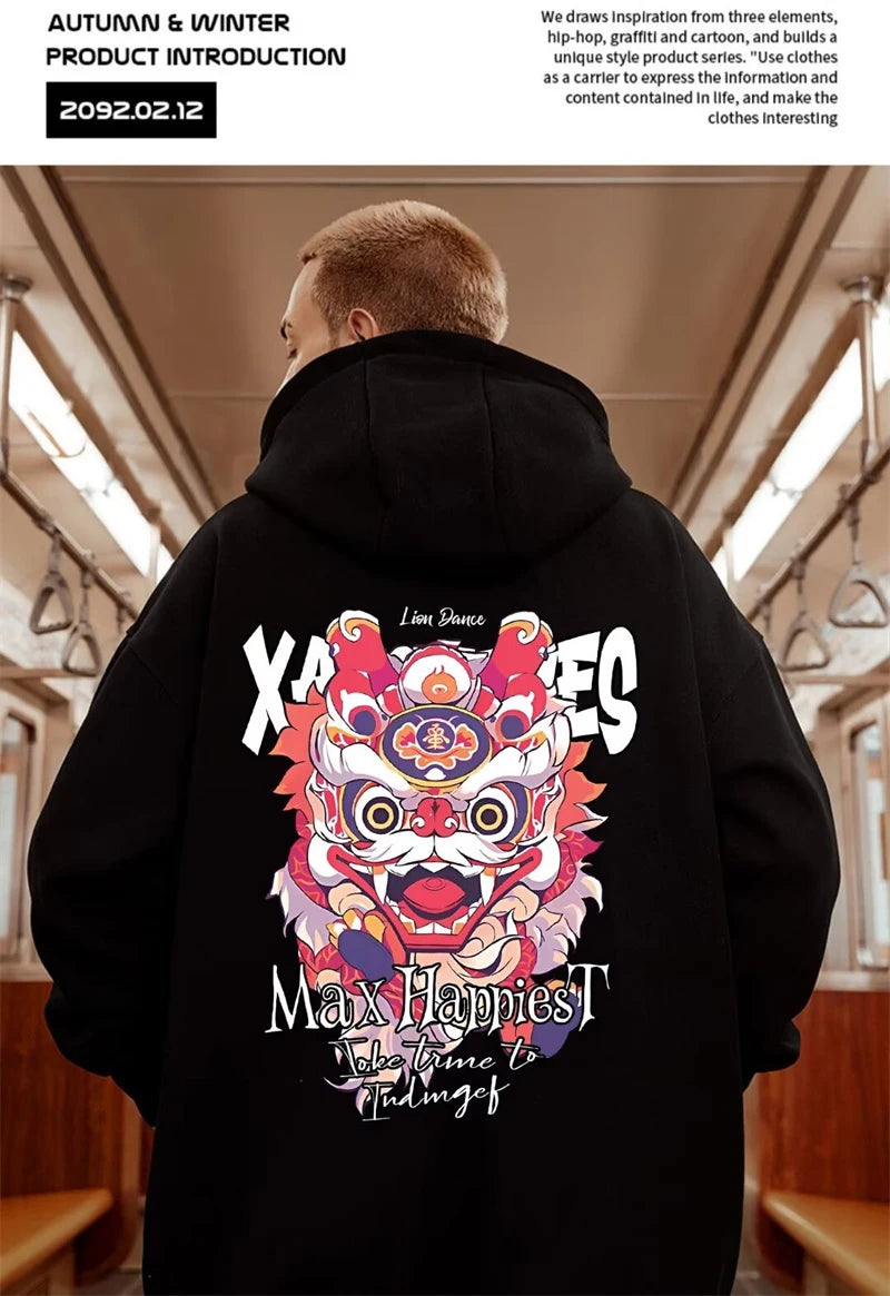 New Lion Dance Graphic Hoodies For Men Y2K Streetwear Fleece Hooded Sweatshirts Hip Hop Fashion Oversized Pullover Hoody Clothes Street King Limited