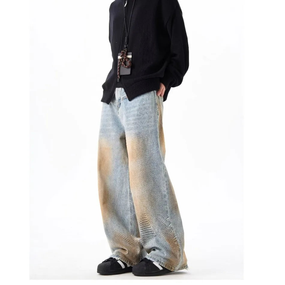 2024 High Street Washed Mens Jeans Gradient Color Blocking Hip Hop Blue Cowboy Pants Loose Straight Leg Denim Trousers Trend Street King Limited