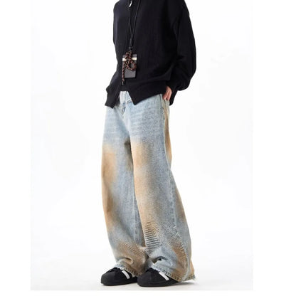 2024 High Street Washed Mens Jeans Gradient Color Blocking Hip Hop Blue Cowboy Pants Loose Straight Leg Denim Trousers Trend Street King Limited