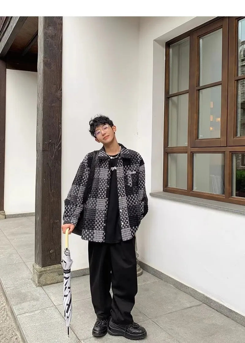 high street lattice mens jackets woven fabric single breasted loose harajuku shirt coats letter embroidered casual male tops unique default style 1816