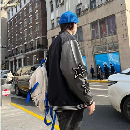 american retro mens baseball uniform street harajuku patchwork leather loose jackets color block towel embroidery trend coats unique default style 2918