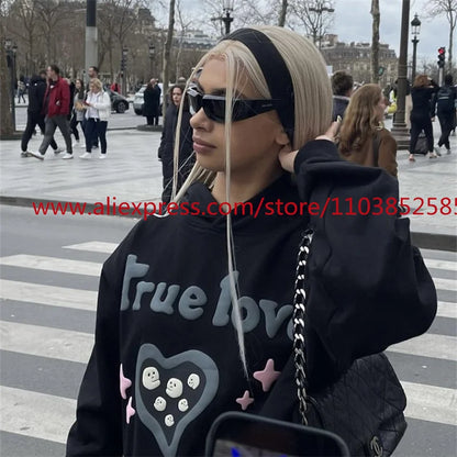 Autumn and Winter American Heavyweight Vintage Long Sleeved Fleece Hooded Sweatshirt Oversize 3D Letter Love Little Ghost Print Street King Limited