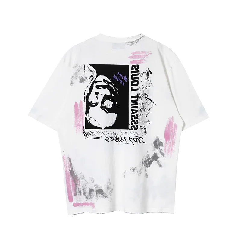 2024ss Saint Louis T-shirts Men Woman Good Quality Cotton Loose Wash White Nightmare Debris Printing Top Tees Street King Limited