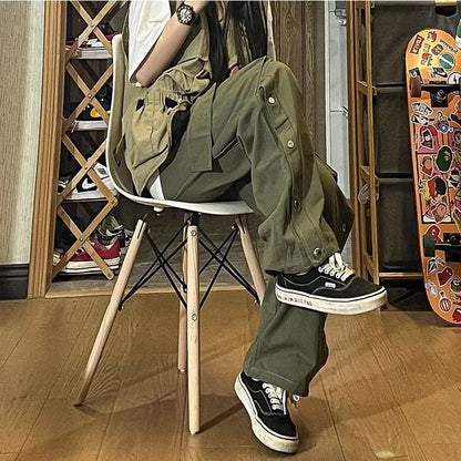 Fashionable Korean style gothic buttoned overalls pants men summer Harajuku street y2k hip hop casual retro sports pants Street King Limited