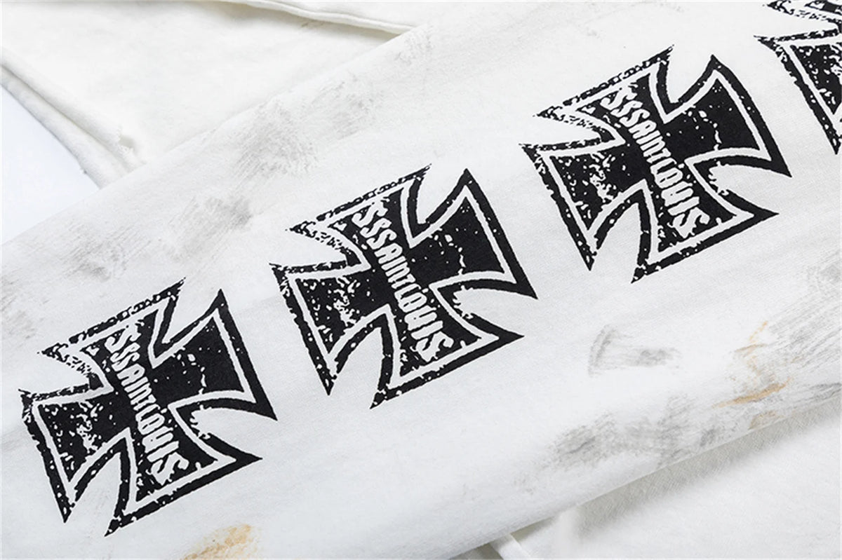 sssaint Louis Vintage Dirty Worn Distressed Cross Print High-Street Graffiti Long Sleeve T Shirt Pullover Summer Street King Limited