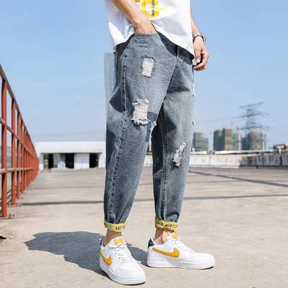 Men's Jeans with Holes Man Cowboy Pants Cropped Harem Hip Hop Trousers 2024 Korean Style Torn Ripped Broken Retro Classic pants Street King Limited
