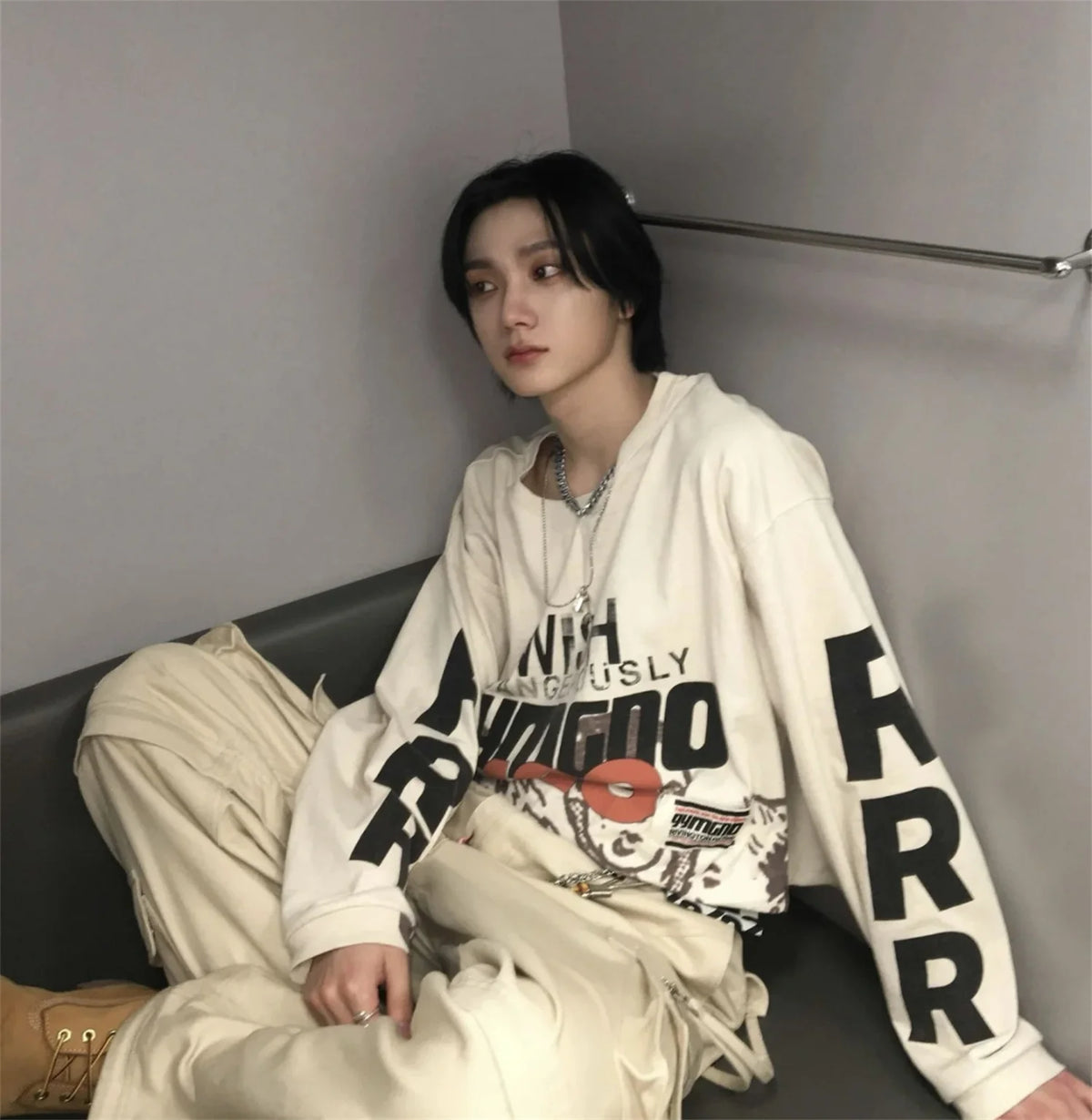 2024 Summer And Spring 123 Letter Print GYMGNO Graffiti Slogan Worn Retro Long Sleeve T Shirt Pullover Sweatshirt Street King Limited