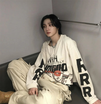 2024 Summer And Spring 123 Letter Print GYMGNO Graffiti Slogan Worn Retro Long Sleeve T Shirt Pullover Sweatshirt Street King Limited