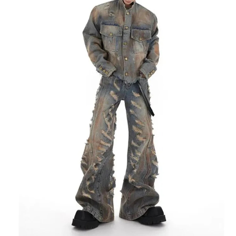 mens denim jacket jeans wilderness construction site style distressed washed holes street wear fashion versatile mens wear 2024 unique jeans style 3069