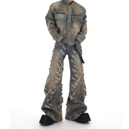 mens denim jacket jeans wilderness construction site style distressed washed holes street wear fashion versatile mens wear 2024 unique jeans style 3069