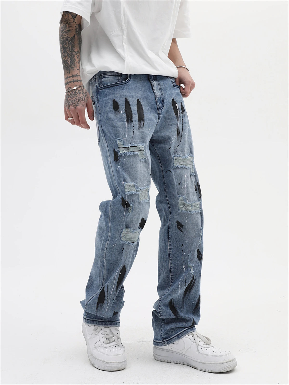 mens vintage jeans 2023 new ripped holes straight denim pants streetwear hip hop harajuku jeans trousers unique jeans style 3798