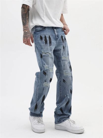 mens vintage jeans 2023 new ripped holes straight denim pants streetwear hip hop harajuku jeans trousers unique jeans style 3798