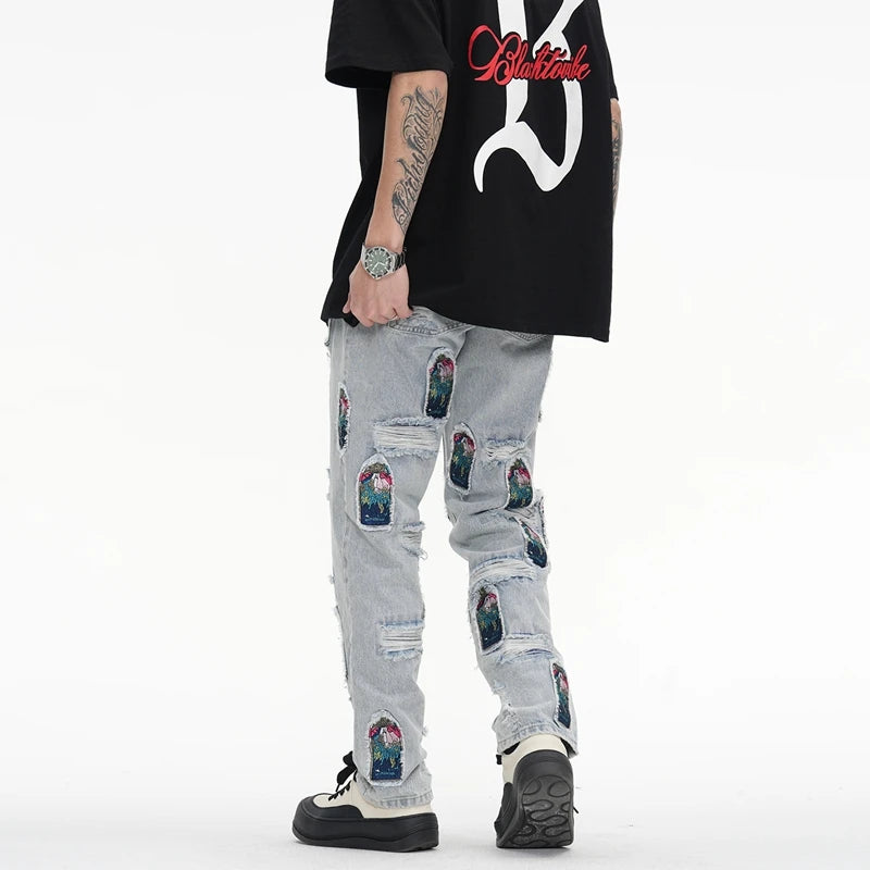 retro patch embroidered pleated jean for men street wear washed destroyed straight patchwork ripped jeans pants baggy hip hop unique jeans style 82