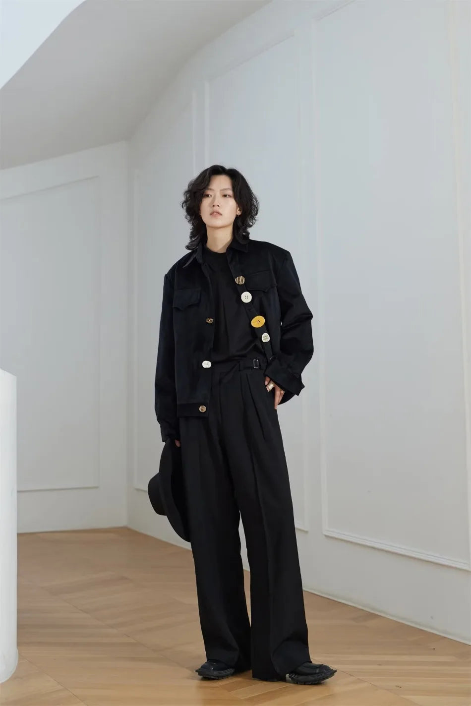 2024 new harajuku mens jacket multi button irregular black fashionable coats multiple pockets loose couple trend outwear y2k unique default style 3590