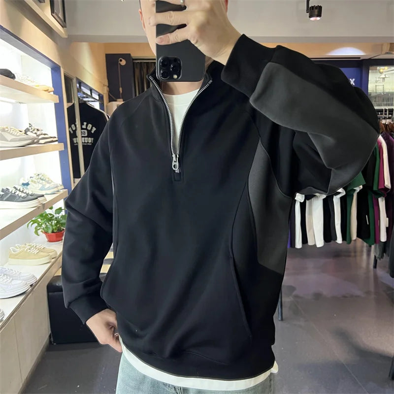 Autumn Half Zipper Polo Sweatshirts Men's 2024 New Casual Stand-up Collar Pullover Hoodies Patchwork Fleece Y2K Sudaderas Street King Limited