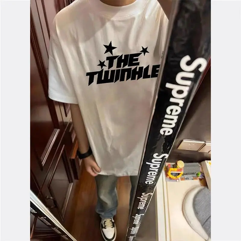 Korean Retro Letter Printed Graphic T-shirt Summer Y2K Personalized Street Hip-hop Men Women Sports Round Neck Half Sleeved Tops Street King Limited