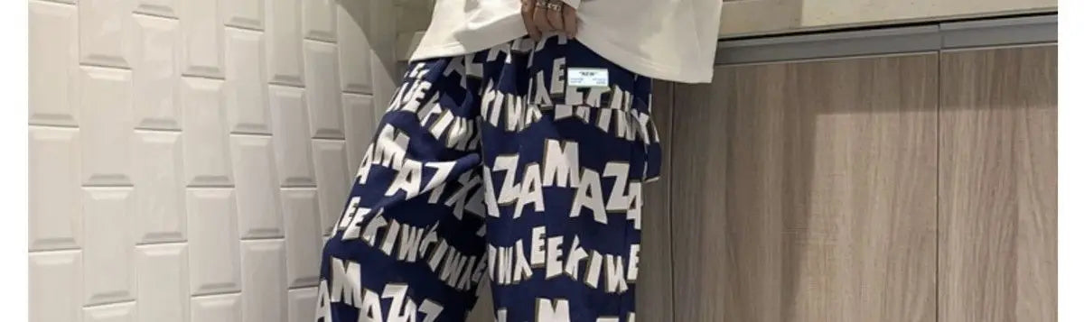 Letter wide-leg pants for men and women in autumn and winter plus velvet high-waisted loose long and short straight pants tops Street King Limited