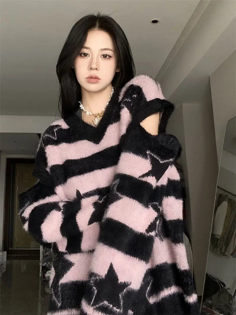 Punk Gothic Long Sweater Women Furry Knitted Sweaters Y2K Streetwear Loose Hollow Out Detachable Pullovers Harajuku Sexy Tops Street King Limited