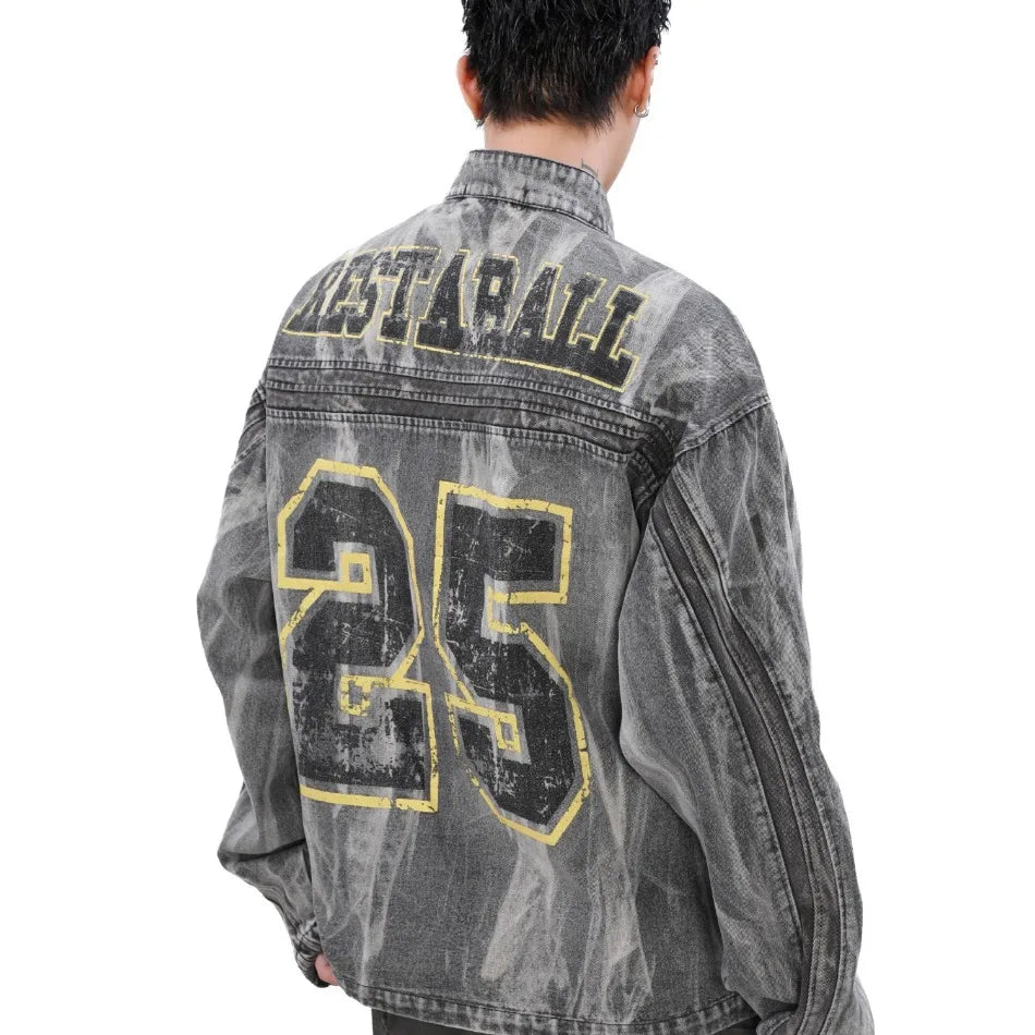autumn high street washed denim jacket mens vintage graffiti printing stand collar motorcycle coats patchwork punk cowboy tops unique jeans style 3570