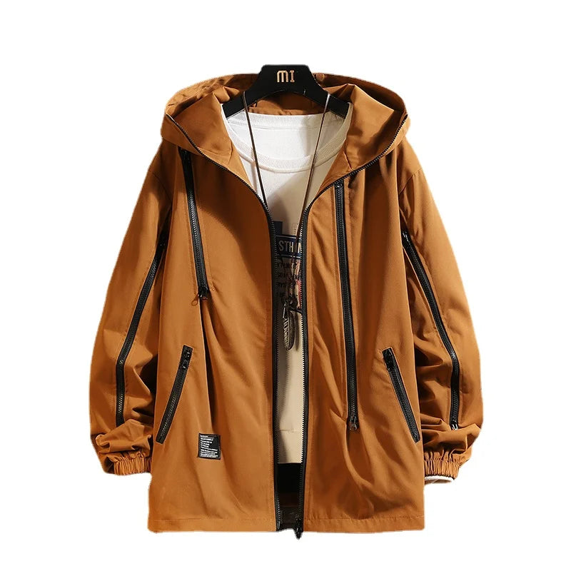 men workwear coat casual strip hoodids jacket unisex fashion hooded zipper tops outwear breathable waterproof windproof workwear urban fashion pants