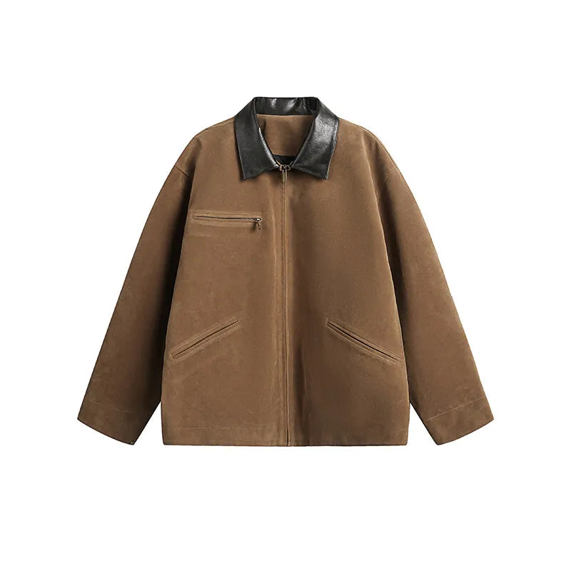 2025 american streetwear retro leather collar bomber jacket men loose casual fashion short cargo jacket spring autumn coat unique cargo style 440