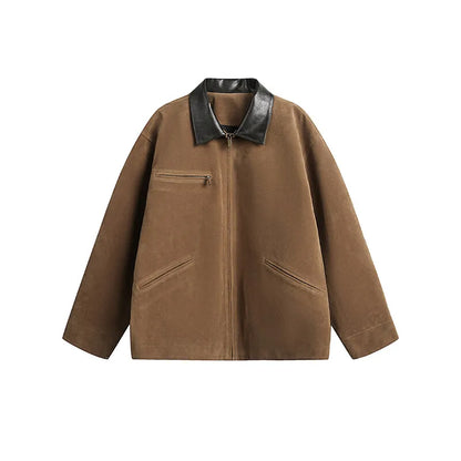 2025 american streetwear retro leather collar bomber jacket men loose casual fashion short cargo jacket spring autumn coat unique cargo style 440