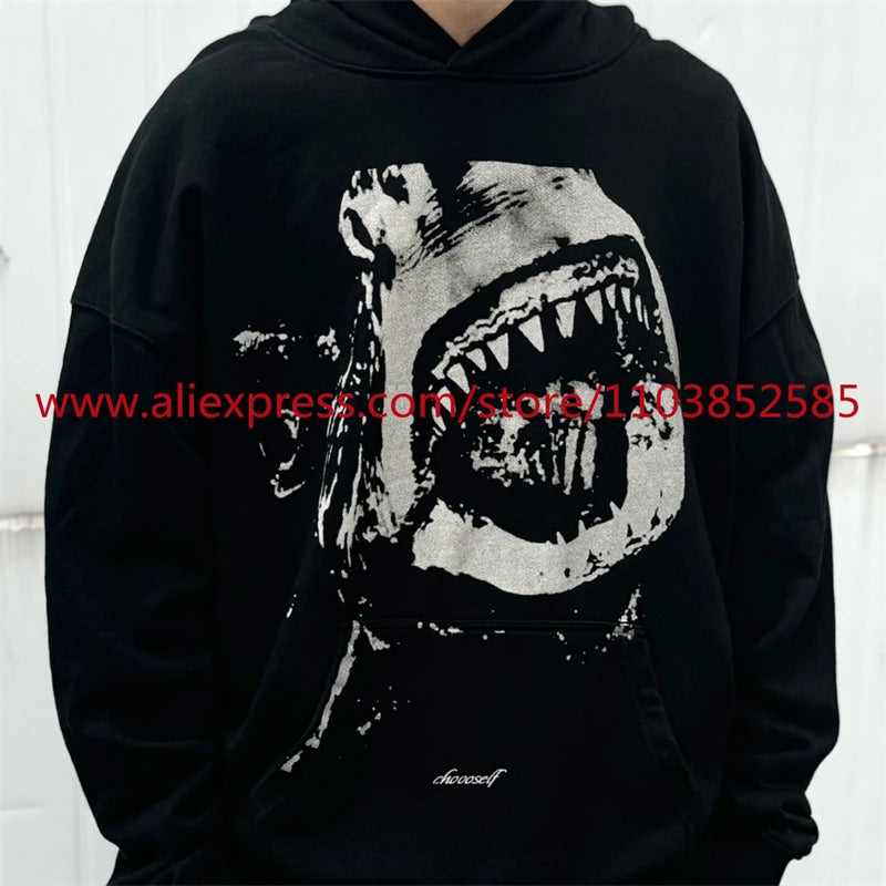 Autumn and Winter New Vintage Men's Hoodie Long Sleeve Hoodie American Heavy Weight Oversize High Street Jaws Cartoon Print Tops Street King Limited