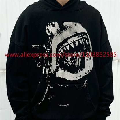 Autumn and Winter New Vintage Men's Hoodie Long Sleeve Hoodie American Heavy Weight Oversize High Street Jaws Cartoon Print Tops Street King Limited