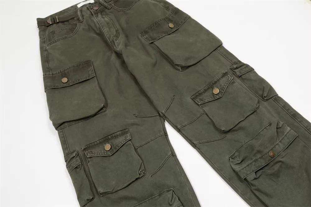 new multi pocket heavy industry washed cargo pants mens high rise loose y2k vintage streetwear oversized straight leg jeans unique cargo style 805