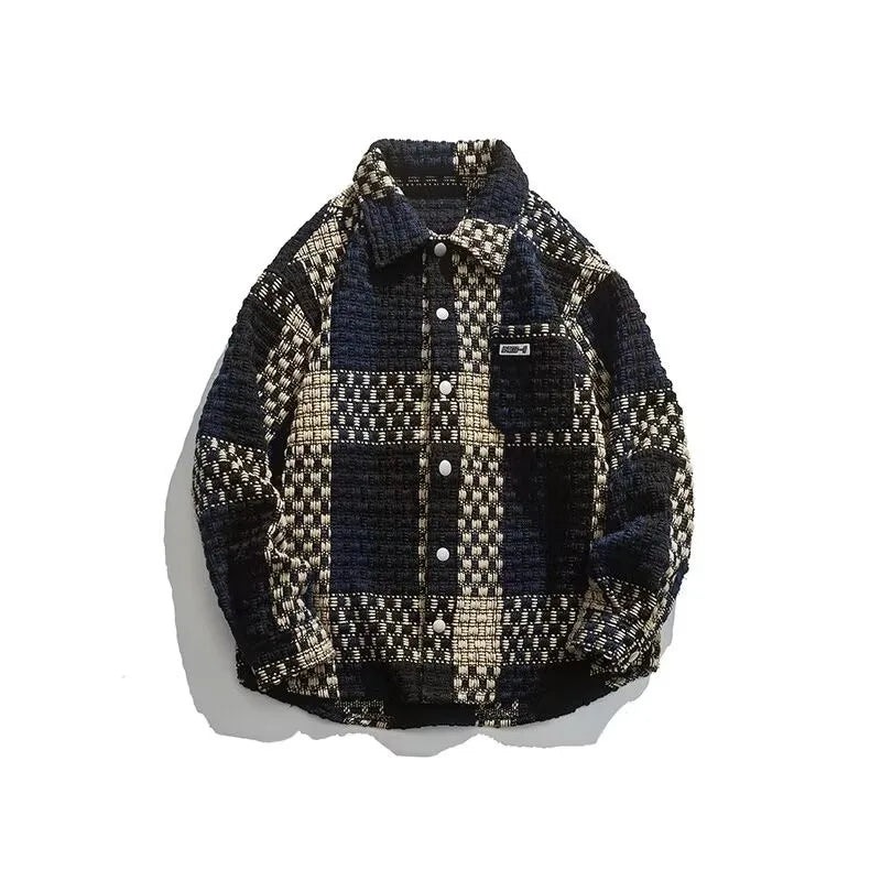 high street lattice mens jackets woven fabric single breasted loose harajuku shirt coats letter embroidered casual male tops unique default style 1832