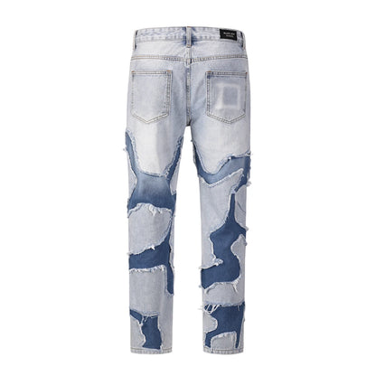 high street vibe style patchwork frayed jeans pants for men retro washed hole ripped casual loose denim trousers oversized 1 unique jeans style 1782