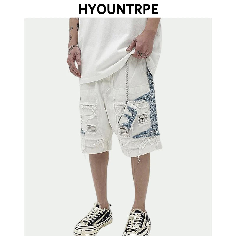 Mens High Street Denim Jean Shorts Casual Loose Destroyed Ripped Holes Loose Shorts Patchwork Hip Hop Streetwear Short Joggers Street King Limited