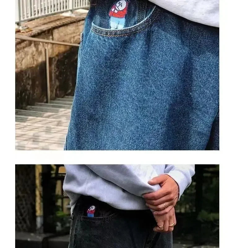 Hip Hop Big Boy Jeans Skateboard Y2K Pants Cartoon Embroidery Retro Blue Loose Jeans Men Women Casual High Waisted WideTrouser Street King Limited