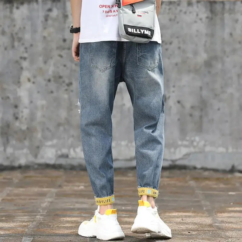 Men's Jeans with Holes Man Cowboy Pants Cropped Harem Hip Hop Trousers 2024 Korean Style Torn Ripped Broken Retro Classic pants Street King Limited