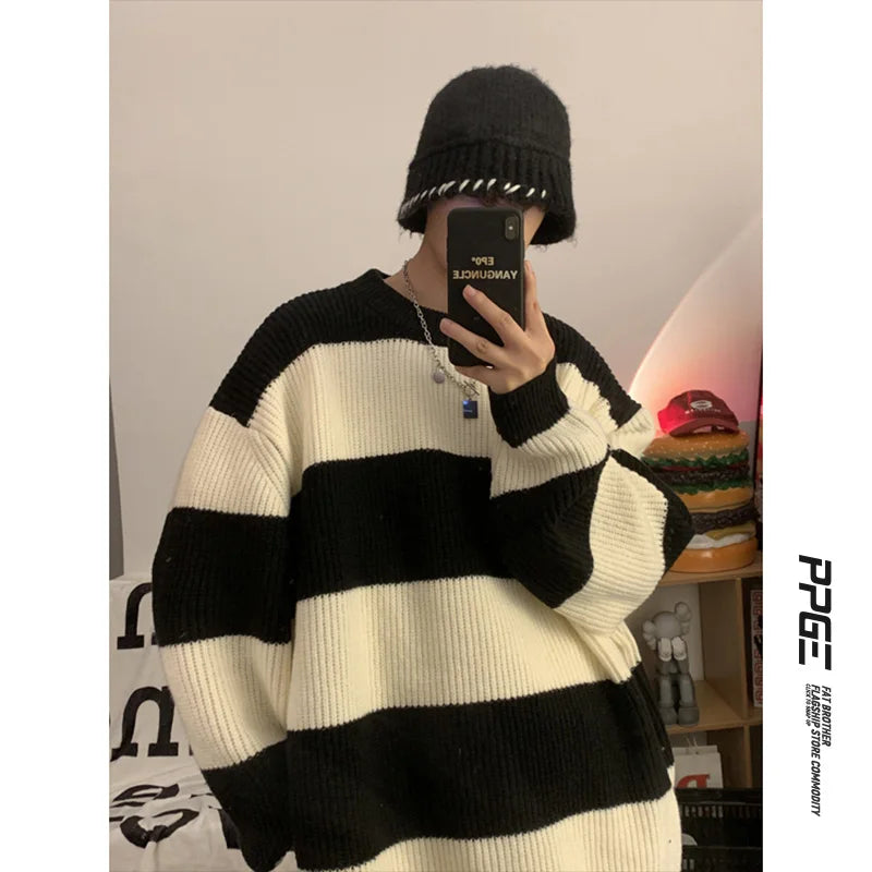 2023 striped sweaters lazy mens knitwear autumn and winter new outerwear trendy brand high end thread clothing men pullover unique default style 686