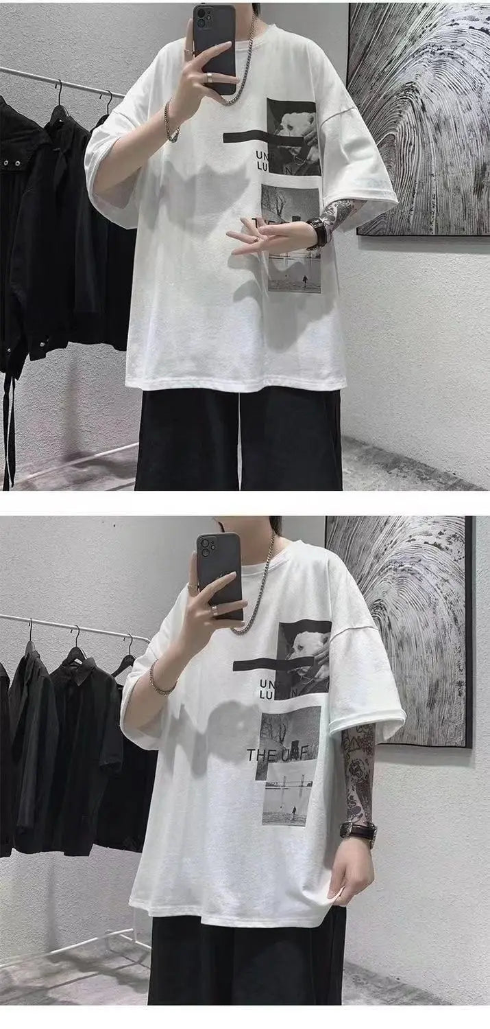 T-shirt men's 2024 summer new Korean style short-sleeved fat man versatile top student trendy T-shirt men clothing y2k tops emo Street King Limited